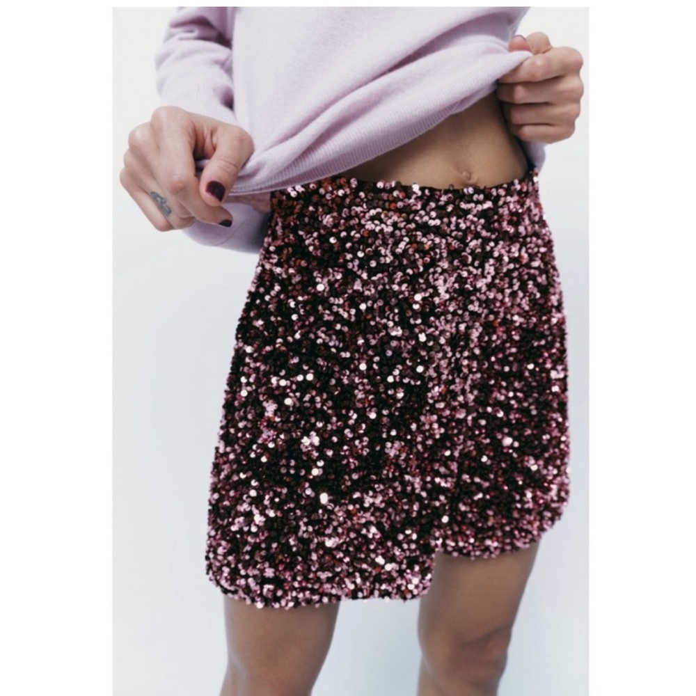 Zara Pink and Silver Sequin High Waist Mini Shorts